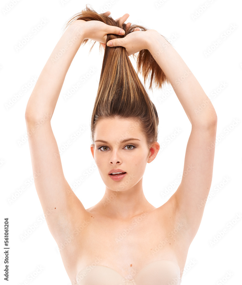 Health, hair care and portrait of woman in studio doing natural, long and straight hair style. Welln