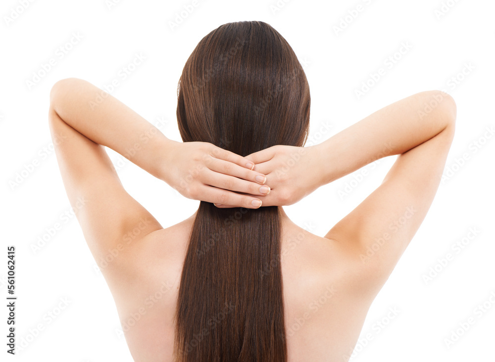 Beauty, back and hair care of woman in studio isolated on a white background. Haircare cosmetics, we