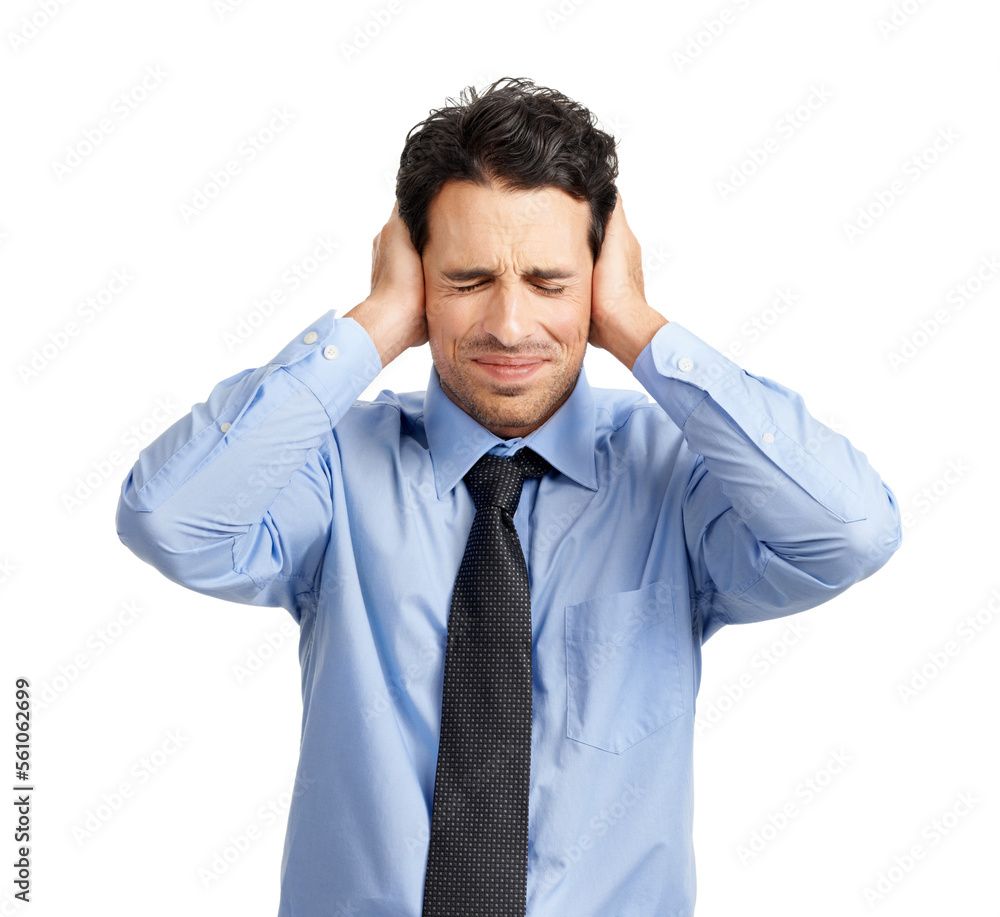 Businessman covering his ears for noise in a studio for stress, headache or frustration. Corporate, 