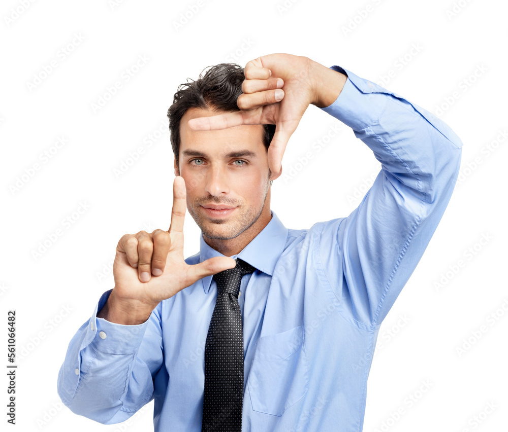 Hands, frame and portrait of business man on studio background for profile picture. Face, worker and