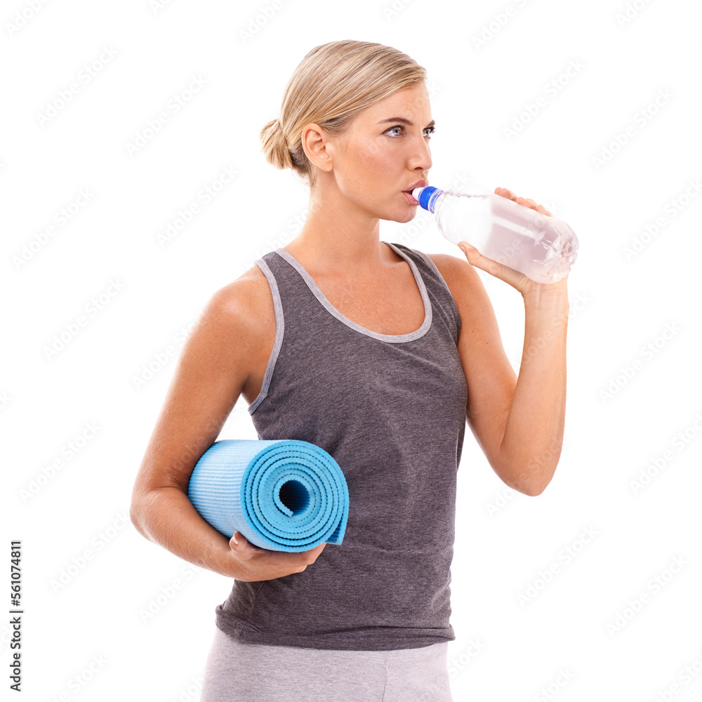 Yoga, exercise mat and woman drinking water for body care hydration, fitness lifestyle or pilates st