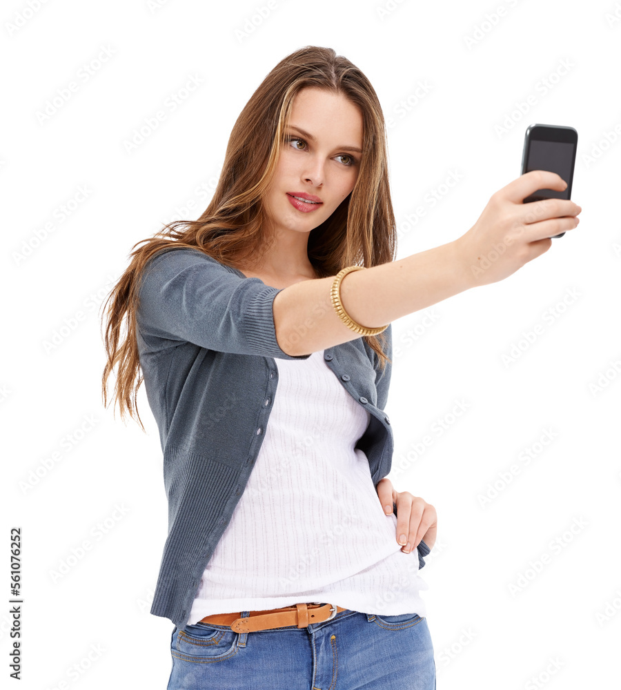 Digital smartphone, studio selfie and woman with cellphone memory picture for social media app, onli