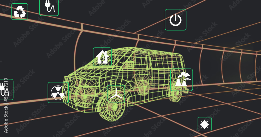 Composite of 3d vehicle model, digital icons and data processing