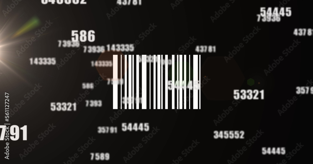 Image of bar code over data processing on black background