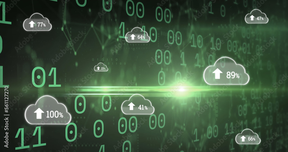 Image of clouds with uploading over binary code on green background