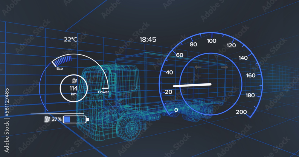 Image of scope scanning and data processing over stock market on black background