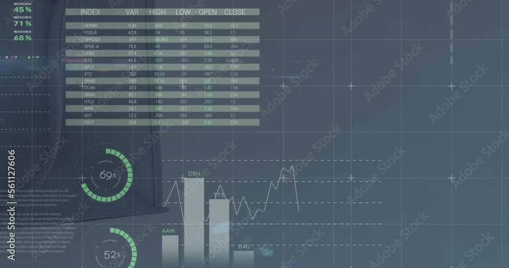 屏幕上的股市统计和数据处理图像