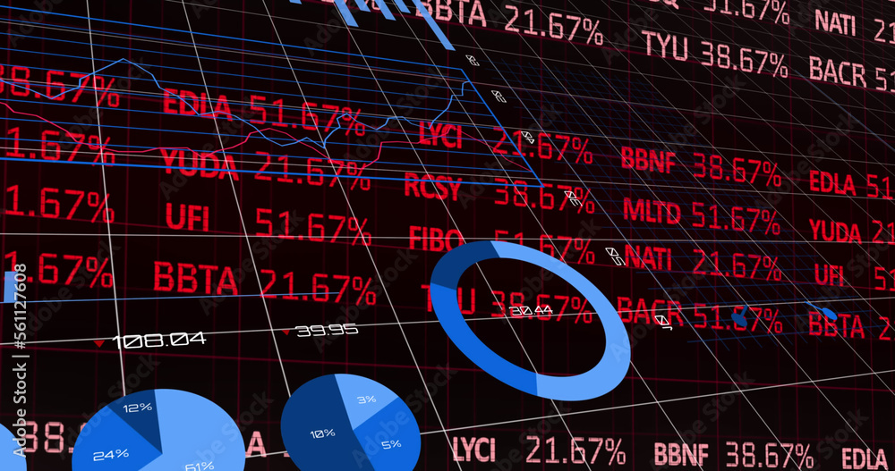 Image of statistics and data processing over stock market on black background