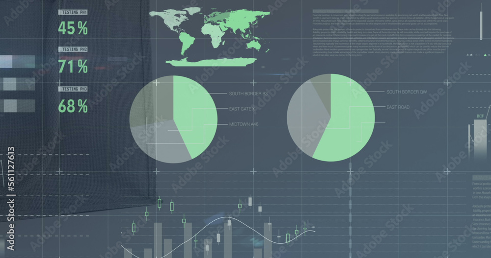 Image of statistics and data processing over stock market on screen