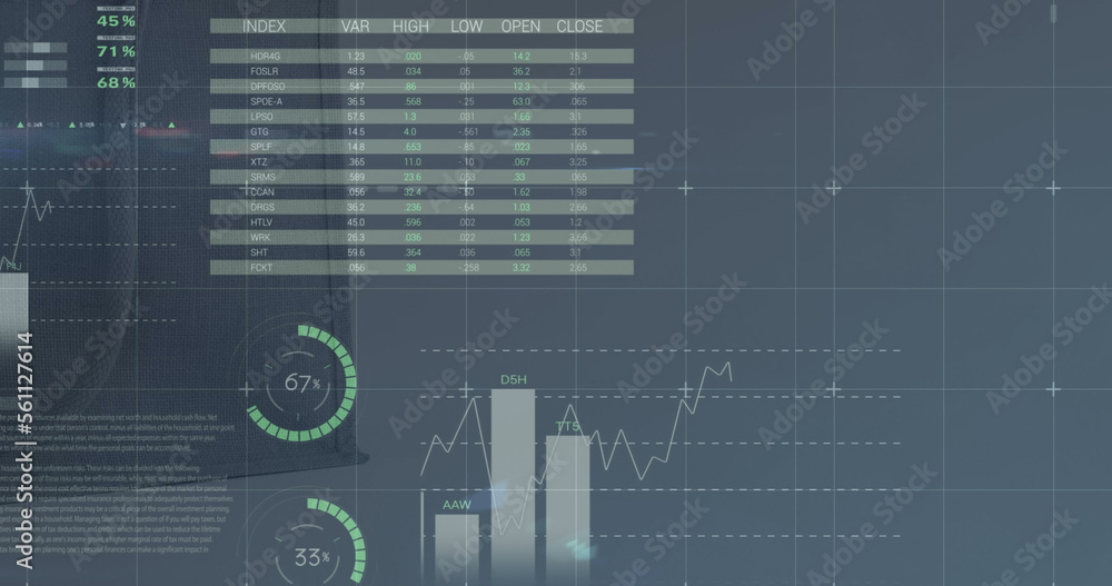 屏幕上的股市统计和数据处理图像