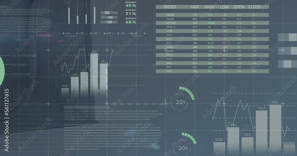 屏幕上的股市统计和数据处理图像