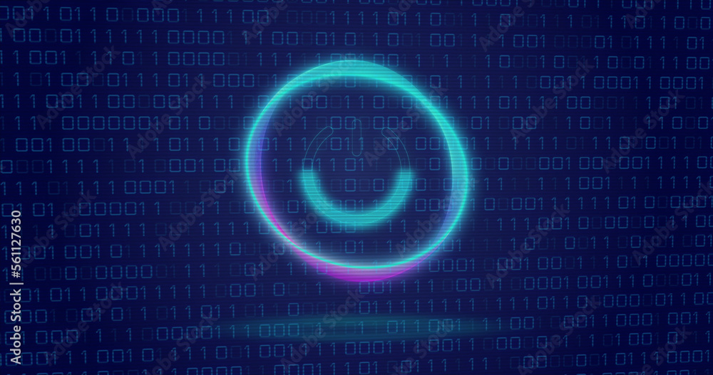 Image of neon circle with power over binary code on digital screen