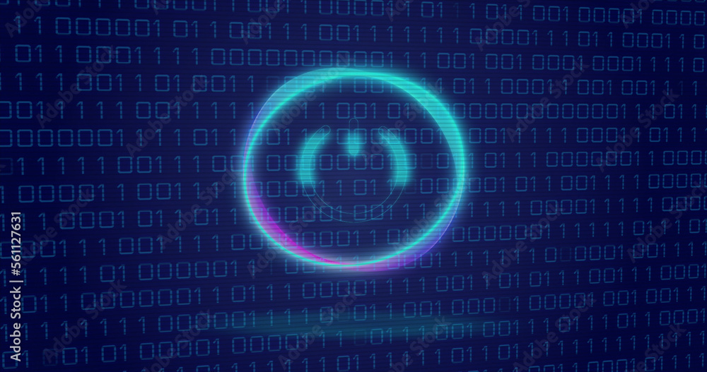 Image of neon circle with power over binary code on digital screen