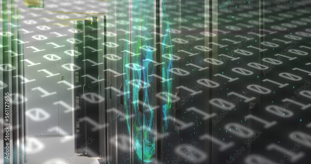 Image of binary code and shapes over servers