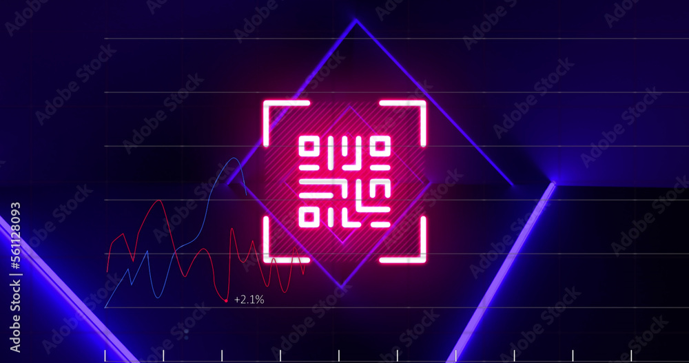 红色霓虹灯qr码、蓝色灯光和黑色背景数据处理的图像