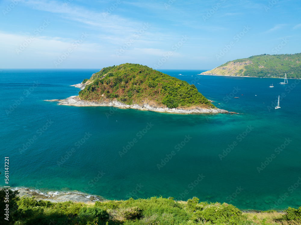 Drone aerial view shot of Tropical sea with beautiful small island in Phuket Thailand