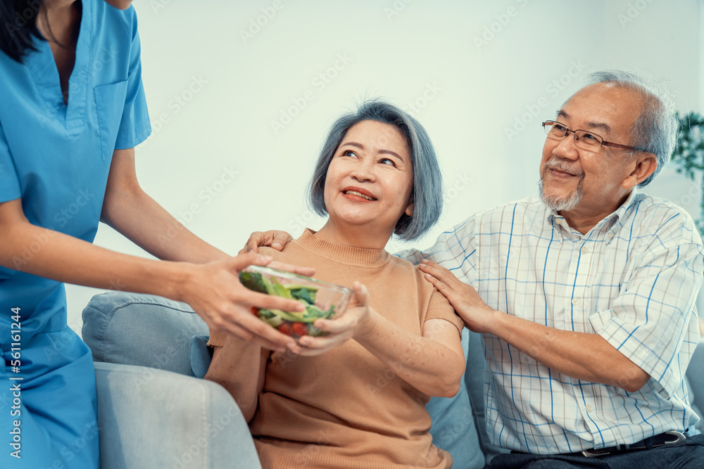 A female nurse serves a bowl of salad to a contented senior couple. Health care and medical assistan