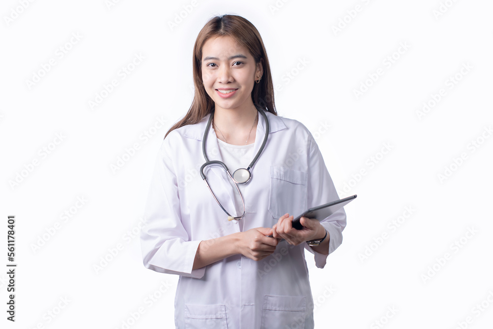 Portrait of Asian woman doctor wearing uniform holding tablet stand isolated on white background. Fe