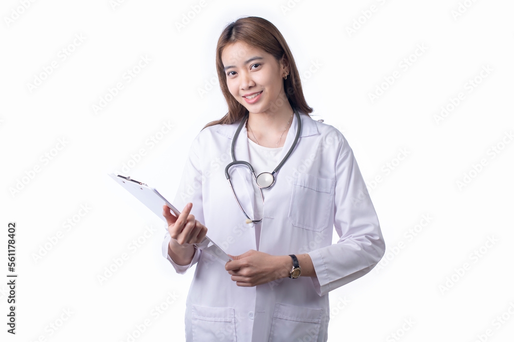 Beautiful Asian female doctor holding clipboard smiling isolated on white background.