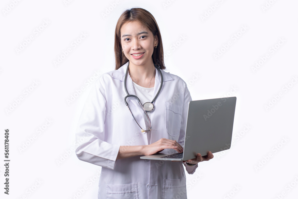 Portrait of Asian woman doctor wearing uniform holding laptop stand isolated on white background. Fe