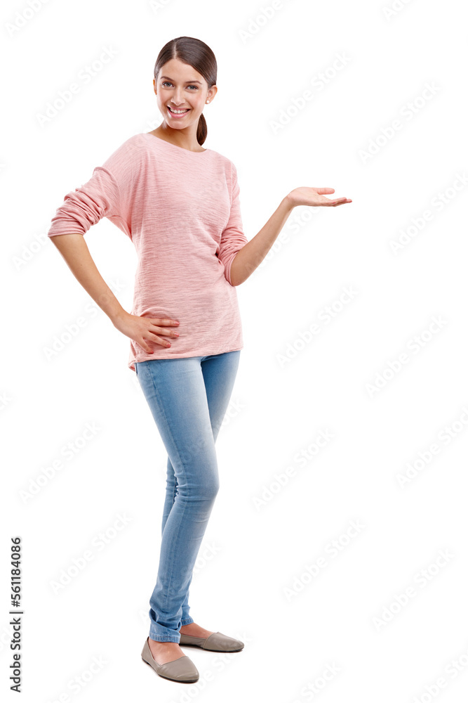 Portrait, mockup and brand with a model woman in studio isolated on a white background to promote a 