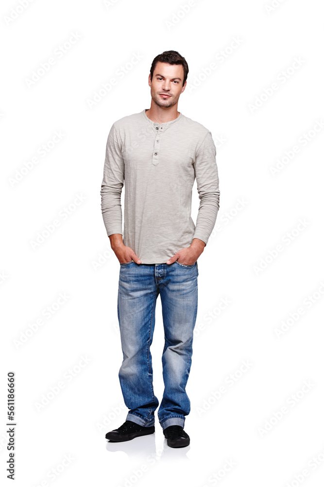 Fashion, style and portrait of man on a white background posing in trendy, stylish and modern clothe