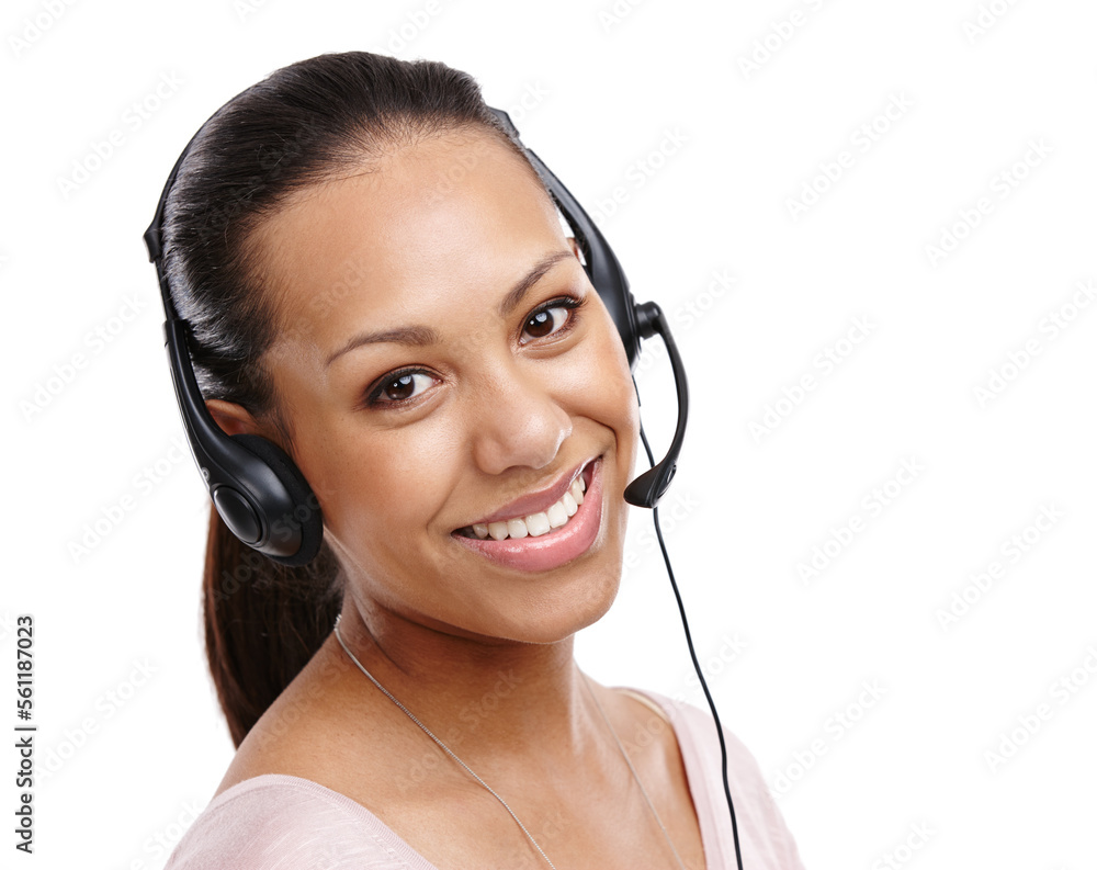 Woman, portrait and call center consultant in studio, headset with CRM with customer service isolate