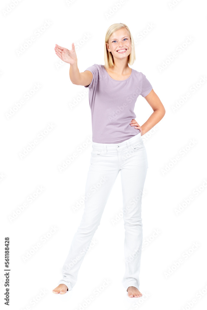 Portrait of woman and hand holding space for product placement, branding or bottle design in studio.