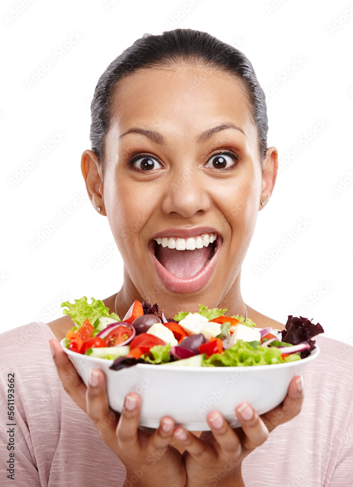 Health, wow and portrait of woman with salad for diet, wellness and lose weight nutrition lifestyle.