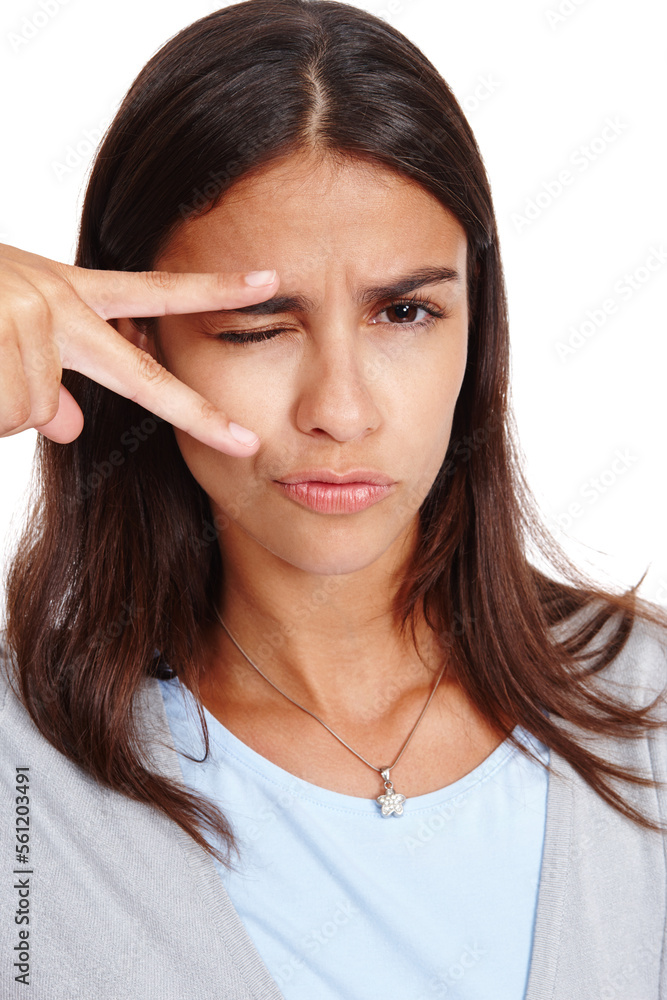 Peace sign, funny and woman portrait of a model with a pout, comic and duck face, White background, 