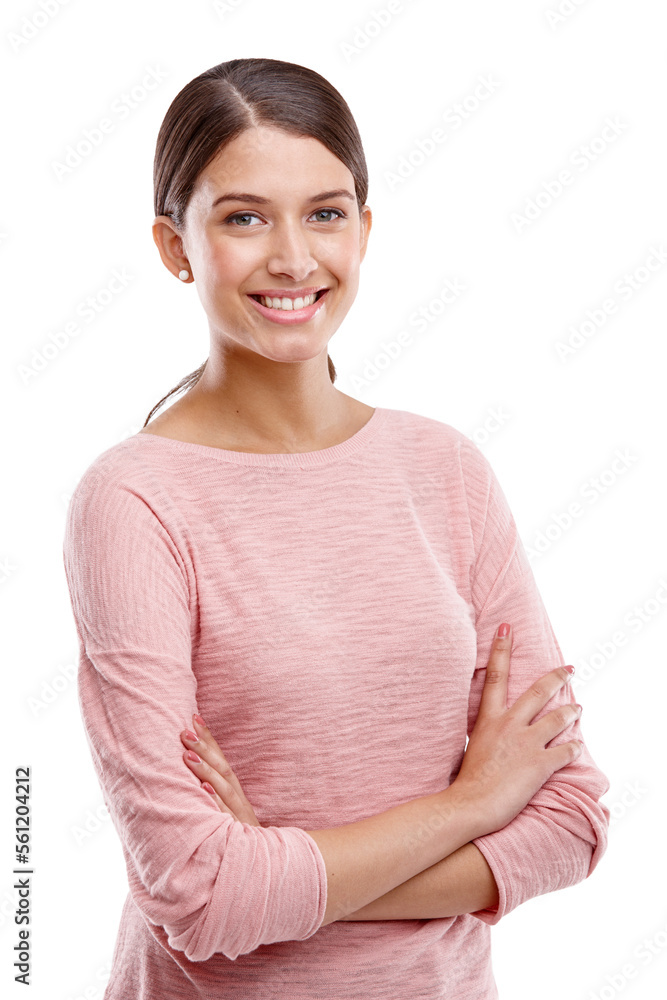 Portrait, fashion and smile with a model woman in studio isolated on a white background standing arm