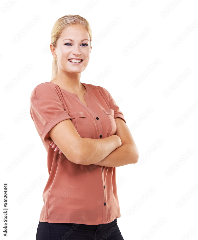 Portrait, business and woman with arms crossed, white background and studio in Sweden. Happy female 