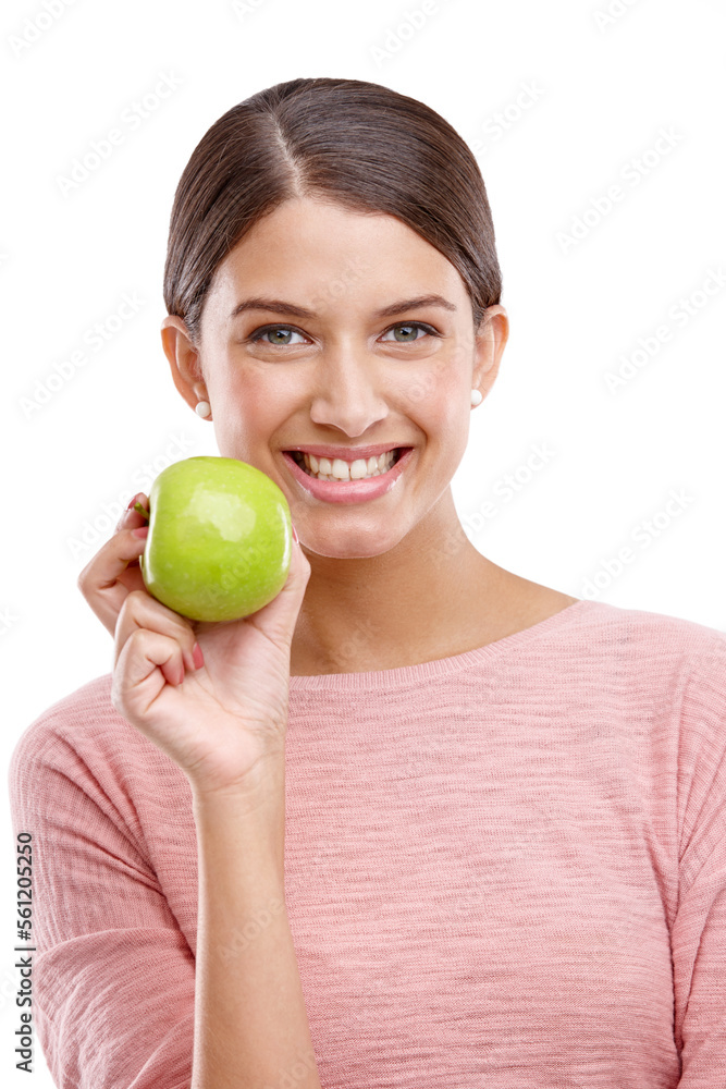 Health, apple and smile with portrait of woman for nutrition, diet and weight loss choice. Fiber, fo