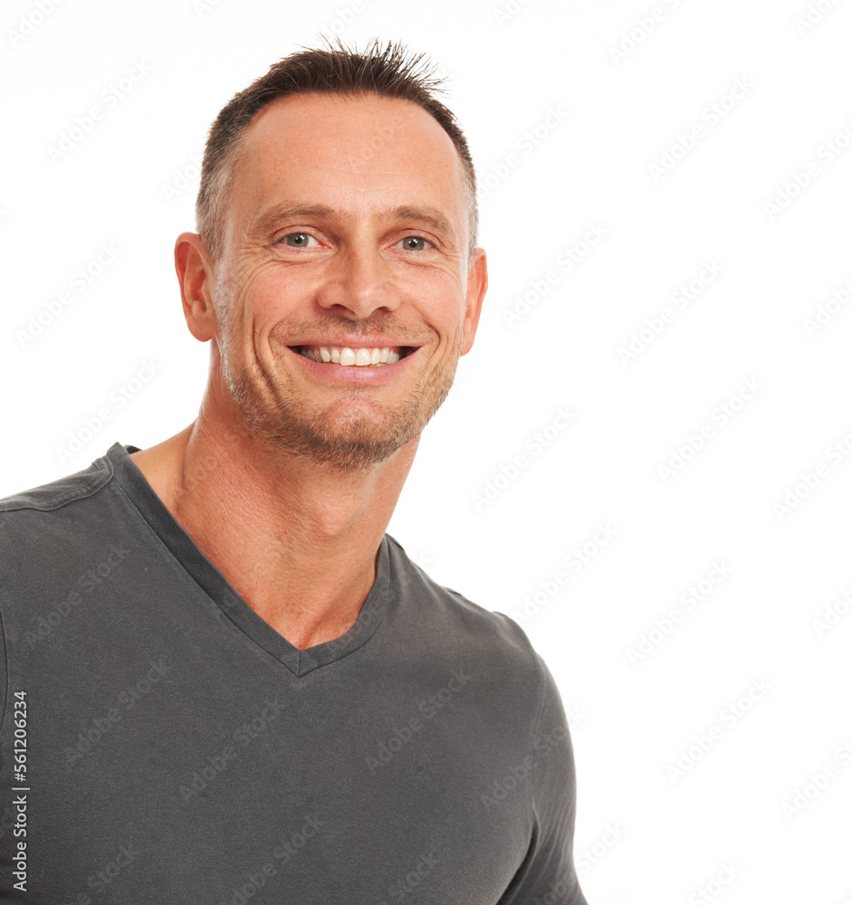 Mature man, portrait and smile with white background, studio and mockup space in Australia. Happy fa