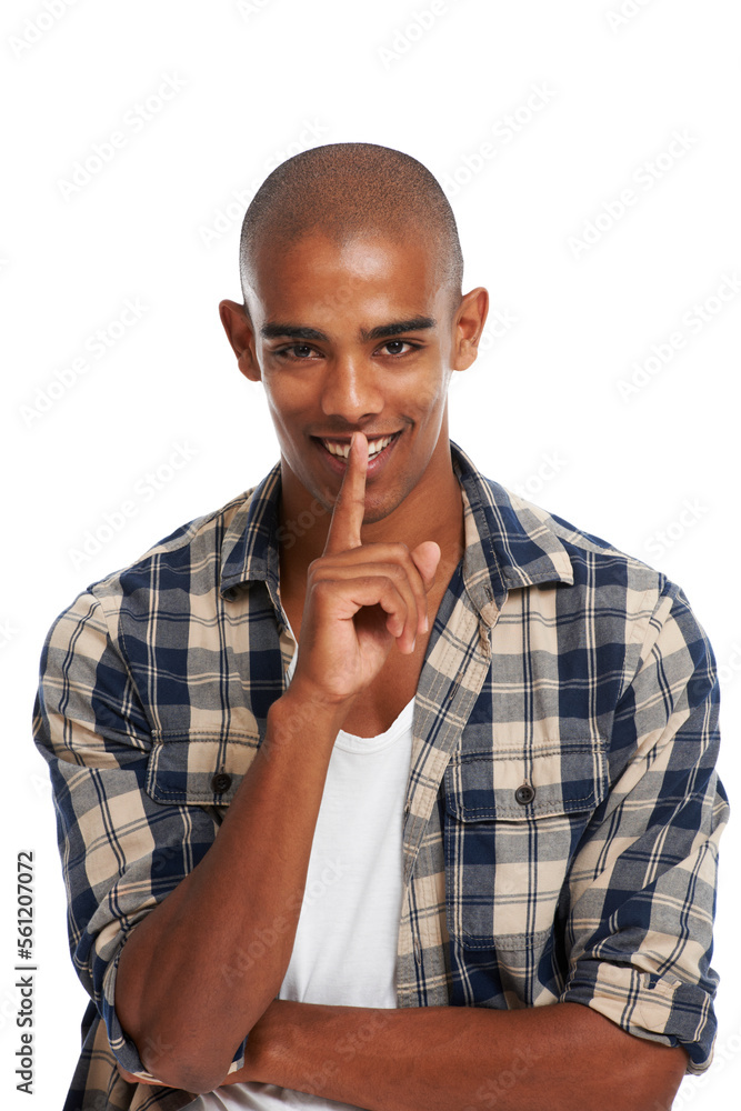 Quiet, secret and portrait of a black man with fingers on lips on a white background in studio. Sile