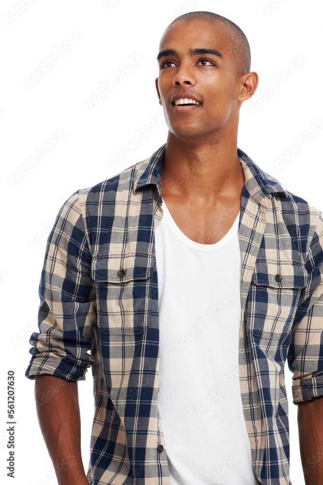 Fashion, style and black man thinking on a white background with trendy, stylish and casual clothes.