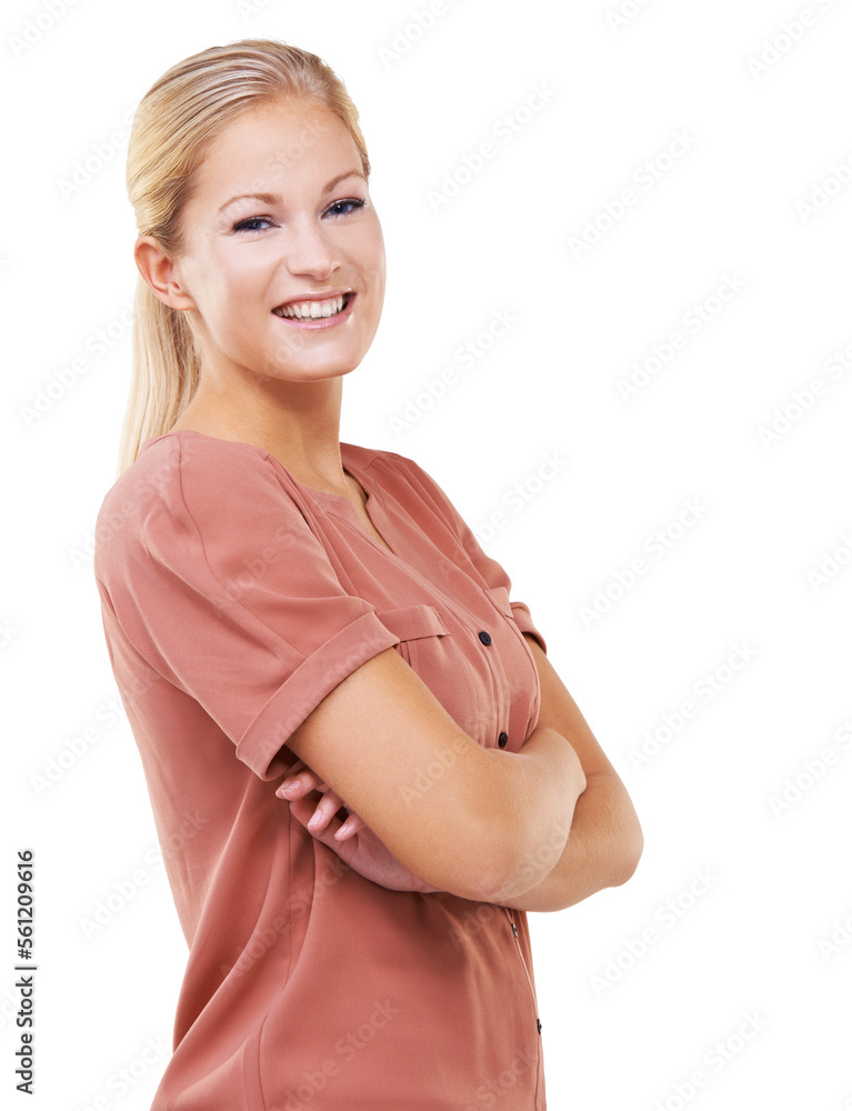 Happy, portrait and woman with crossed arms in studio with smile, natural and positive mindset. Happ