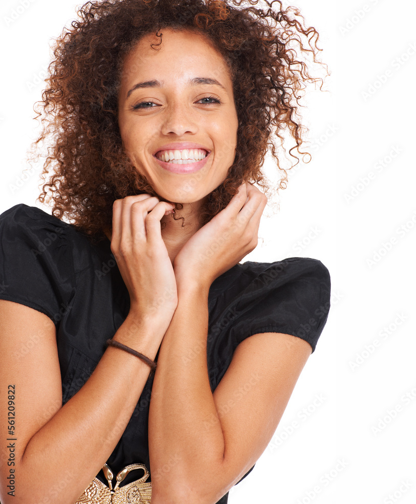 Hair, afro and beauty portrait of happy black woman with skincare glow, cosmetics and natural makeup