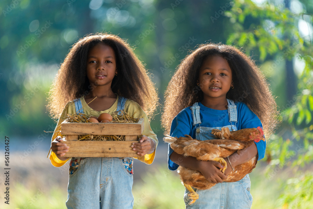 Two young black girls carrying chickens and holding eggs in the countryside.