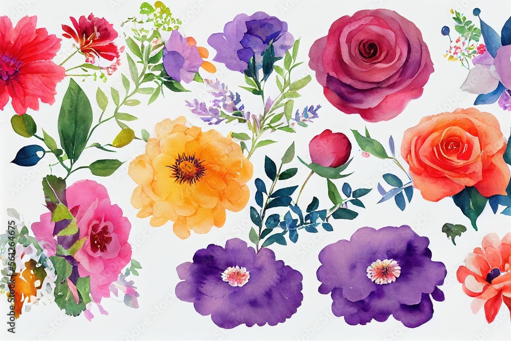 Flower bouquet set watercolor pieces of artwork design. Spring and summer flower nature in style of 