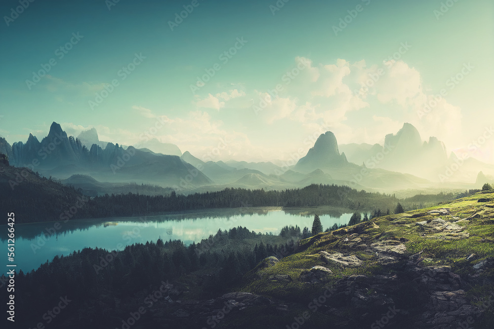 Mountain river landscape green forest for natural beauty background concept in digital art. Panorama