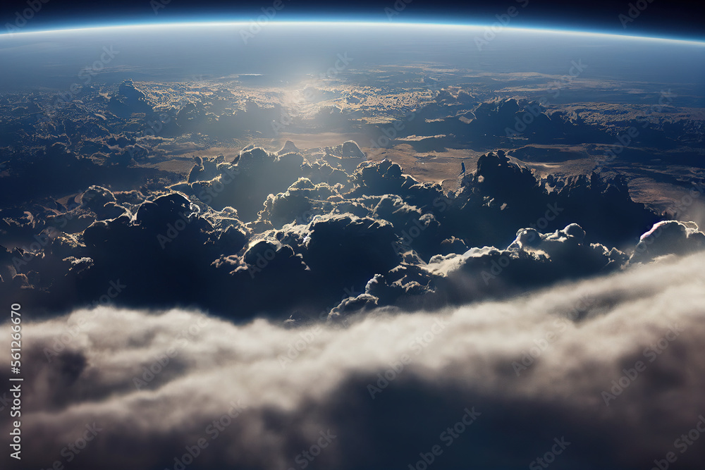 Splendid background cloudscape above the earths atmosphere in the stratosphere, with a galaxy and b