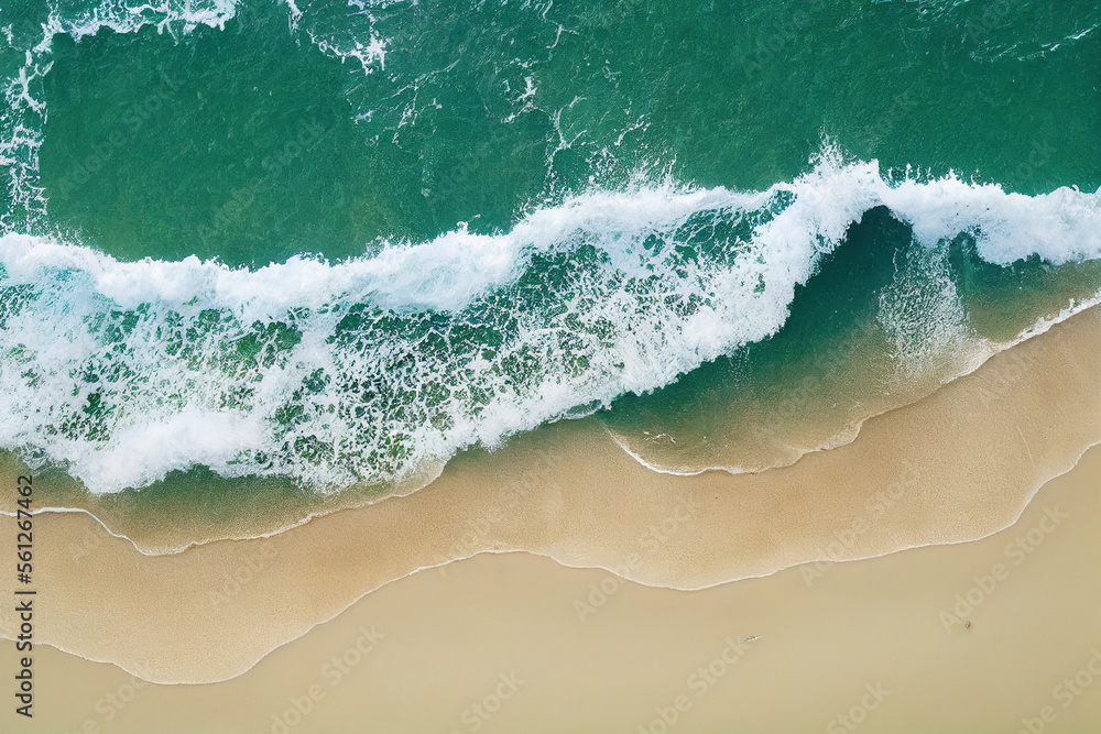 Spectacular top view from drone photo of beautiful beach with relaxing sunlight, sea water waves pou