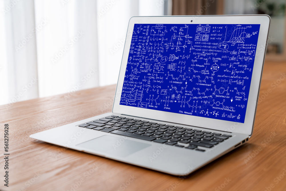 Mathematic equations and modish formula on computer screen showing concept of science and education