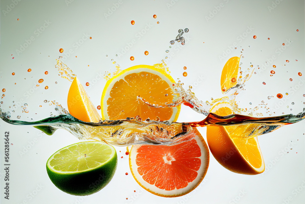 Citrus fruit lemon, lime, orange, grapefruit splashes in water, Generative AI