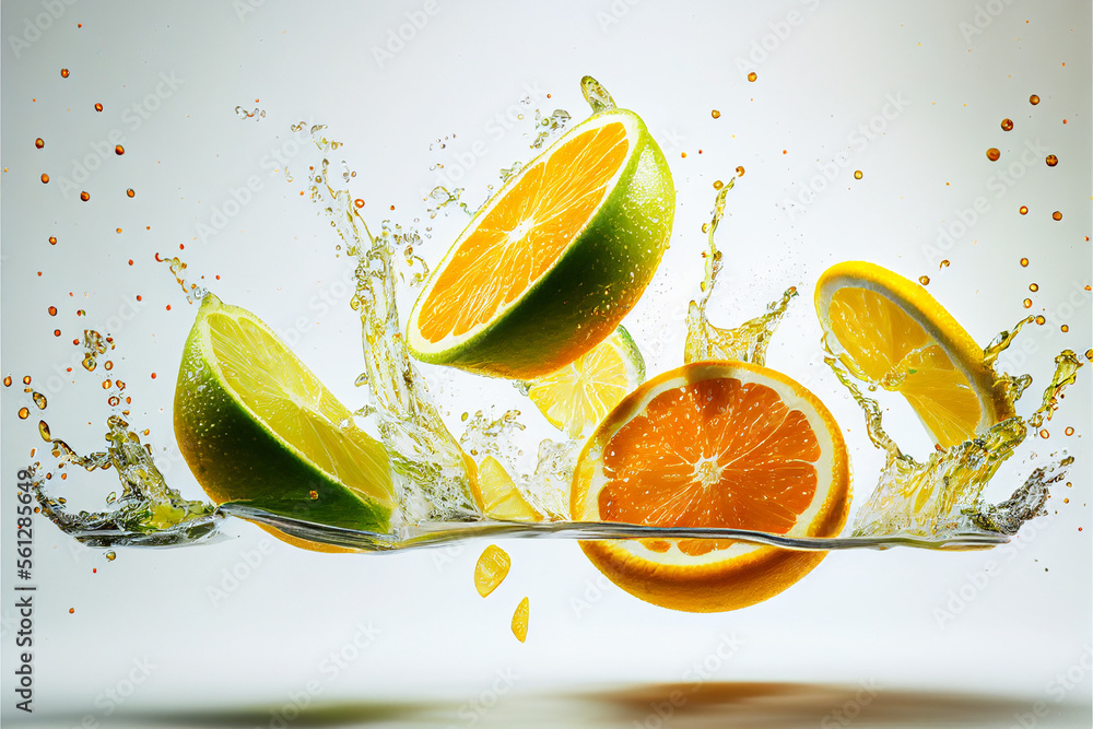 Citrus fruit lemon, lime, orange splashes in water, Generative AI