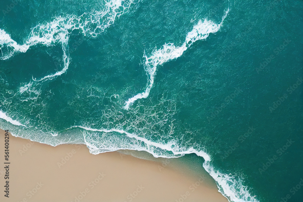 Spectacular top view from drone photo of beautiful beach with relaxing sunlight, sea water waves pou