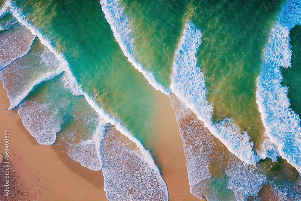 无人机拍摄的美丽海滩的壮观俯视图，阳光明媚，海水波涛汹涌