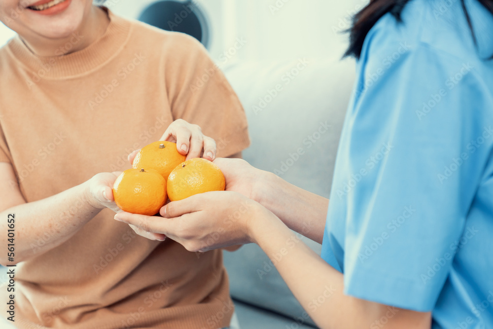 A young caregiver handing oranges to her contented senior patient at the living room. Senior care se