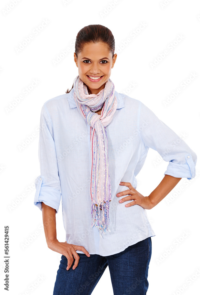 Portrait, fashion and marketing with a model black woman in studio isolated on a white background st